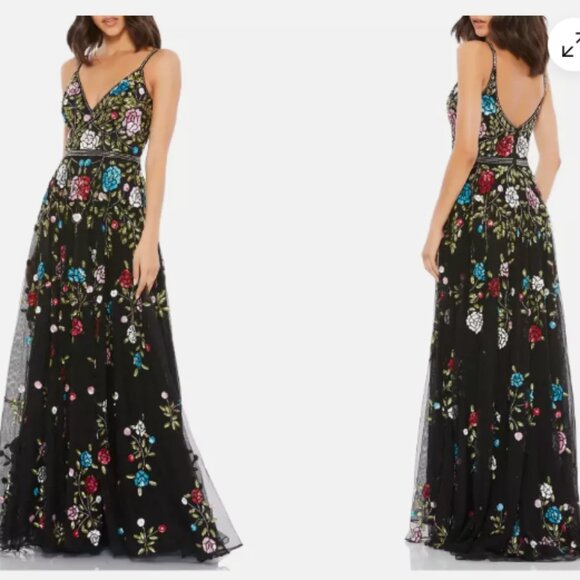 MAC DUGGAL 5400 FLORAL EMBELLISHED A-LINE BLACK/multi color GOWN DRESS sz 4 - Picture 1 of 6
